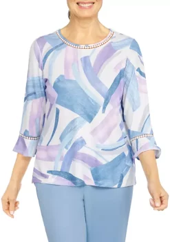 Alfred Dunner Petite Victoria Falls Crew Neck Three-Quarter Bell Sleeve Print Top