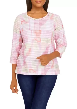 Alfred Dunner Petite Classics Patchwork Ruffle Knit Top -Be Inspired Elegant Store Belk 454
