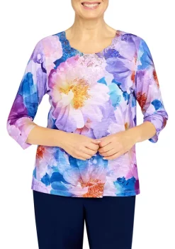 Alfred Dunner Petite Picture Perfect Crew Neck 3/4 Sleeve Floral Print Top