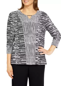 Alfred Dunner Petite Theater District Split Neck 3/4 Sleeves Spliced Texture Top