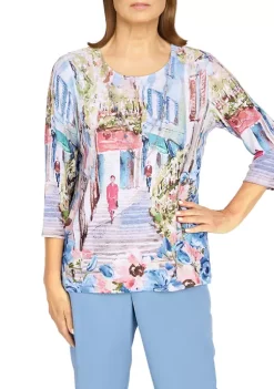Alfred Dunner Petite Peace Of Mind Scenic 3/4 Sleeve Knit Top -Be Inspired Elegant Store Belk 495