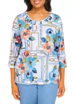 Alfred Dunner Petite Peace of Mind Windowpane Floral Knit Top