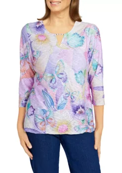 Alfred Dunner Petite Classics Butterfly Color Block Split Neck Top
