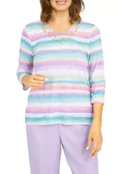 Alfred Dunner Petite Classic Burnout Stripe Lace Neck Top -Be Inspired Elegant Store Belk 532