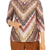 Alfred Dunner Petite Madagascar Crew Neck 3/4 Sleeve Chevron Print Top -Be Inspired Elegant Store Belk 557