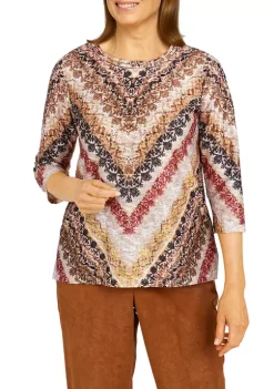 Alfred Dunner Petite Madagascar Crew Neck 3/4 Sleeve Chevron Print Top -Be Inspired Elegant Store Belk 560