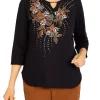 Alfred Dunner Petite Madagascar Beaded Split Neck 3/4 Sleeve Top -Be Inspired Elegant Store Belk 561
